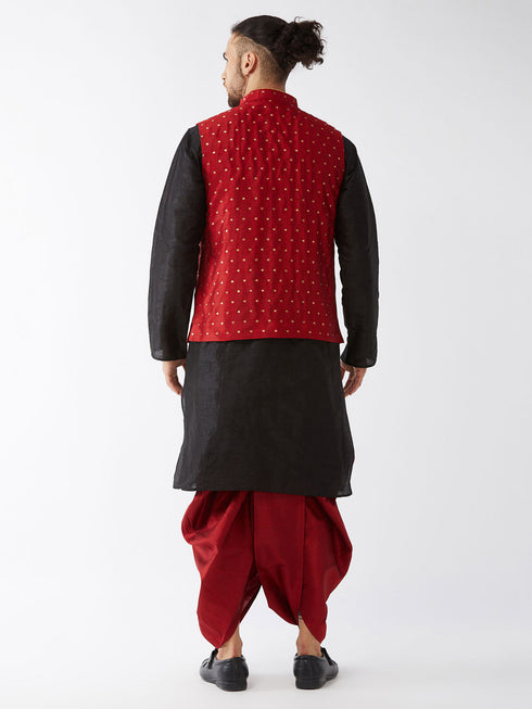 Vastramay Men's Maroon Zari Weaved Jacket With Kurta Dhoti Set